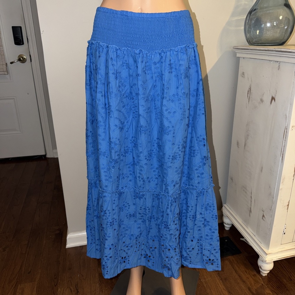 Jennifer & Grace Large Blue Eyelet Lace Tiered Lined Maxi Skirt Boho Coastal New